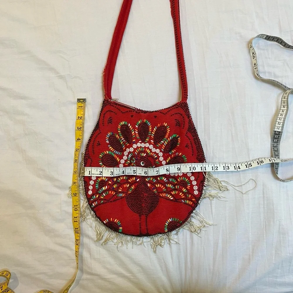 Red Beaded and Embroidered Peacock Satchel Purse‎ Vintage 1970s